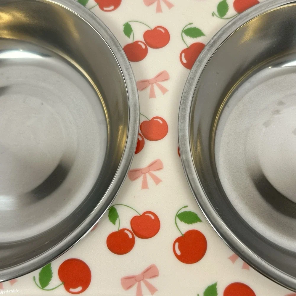 Roxie Rae Elevated Pet Bowls Cherry Print Dog Cat Feeder 2 Stainless Bowls
